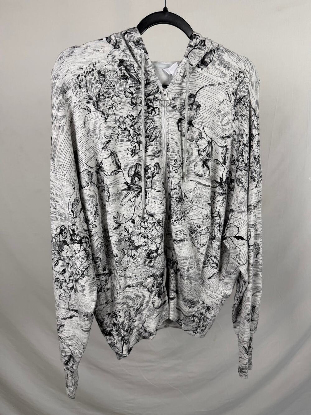 Athleta Balance Full-Zip Hoodie Sweatshirt Black White Floral Print Size M